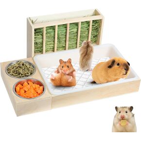 3 in 1 Rabbit Litter Box with Hay Feeder and Bowls, Wooden Pet Hay Feeder and Litter Box with Stainless Steel Bowl, Multi-Function for Rabbits, Guinea Pigs, Chinchillas