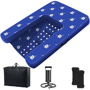 Inflatable Dock Platform, Dog Boat Ramp Floating Non-Slip Oxford and PVC with Water Ramp for Dogs Pool, Dock, Lake with Traction Rope, Manual Air Inflation Pump Dark Blue (4.7ft x 3ft x 6in)