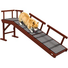PawHut Dog Ramp, Dog Stairs for Small, Medium & Large Dogs, Pet Ramp for Bed or Couch with Removable Guardrails, Non-Slip Surface, 60" Long, Brown