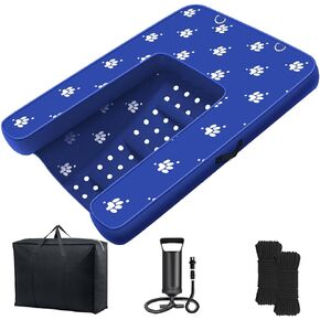 Inflatable Dock Platform, Dog Boat Ramp Floating Non-Slip Oxford and PVC Water Ramp for Dogs Pool, Dock, Lake with Traction Rope, Manual Air Inflation Pump Blue (4.7ft x 3ft x 6in)
