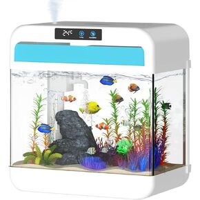Fish Tank 2.2 Gallon Fish Bowl with Humidifier 7 Color Auto-Looping Light 3 in 1 Quiet Pump with Filteration & Oxygenation & Circulation, Temperature Display, HD Float Glass, Thickened Base