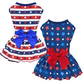Vehomy 2-Pack 4th of July Dog Dress Independence Day Puppy Cat Dresses USA Flag Pet Clothes Costume Dog Stripes Stars Outfits Skirts for Small Medium Dogs M