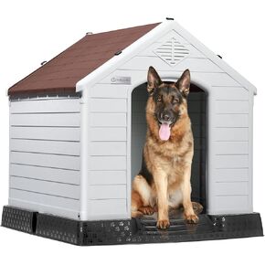 LEMBERI Durable Waterproof Plastic Dog House for Small to Large Sized Dogs, Indoor Outdoor Doghouse Puppy Shelter with Elevated Floor, Easy to Assemble (Gray, 42''L*38''W*39''H)