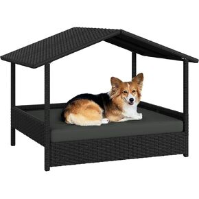 Yaheetech Wicker Dog House Outdoor Indoor with Canopy, Elevated Dog Shelter Dog Bed with Cushion for Small/Medium Dogs, Shade for Deck, Patio, Yard, Pool Brown House, Khaki Cushion