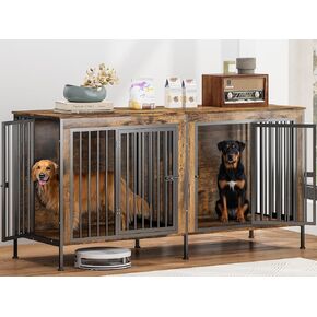 78 Inch Dog Cage Furniture for 2 Medium/Large Dogs with Sturdy Removable Divider, Extra Large Double Doors Dog Kennel, XXL Thick Wooden Dog cage Furniture, Dark Grey