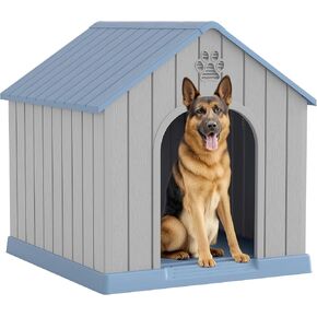 Large Dog House Outdoor Indoor for Medium Large Dogs, Durable Plastic Waterproof Doghouse with Air Vents and Elevated Floor, Easy Clean and Assemble (Grey, 36.2''L×38''W×38''H)