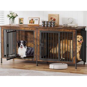 EasyCom 78 Inch Dog Crate Furniture for 2 Dogs, Extra Large Double Dog Cage Large Breed, XXL Thick Wooden Dog Crate TV Stand, Sturdy Dog Kennel with Divider