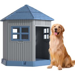 DRATO Indoor Outdoor Waterproof Dog House,PP Material,Puppy Shelter with Air Vents and Elevated Floor,Sturdy Dog Kennel for Small to Large Sized Dogs, Easy to Assemble (Blue, 38.62×36.26×38.07 Inches)