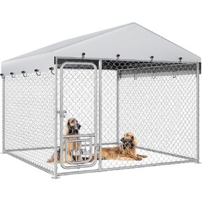 YITAHOME Outdoor Dog Kennel with Rotating Feeder Bowls, 7.5'x7.5' Outdoor Dog Enclosure with Roof, Heavy Duty Dog Cage for Medium Large Dogs