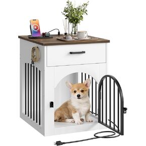 Dog Crate Furniture, Wooden Dog House with Charging Station and Storage Drawer, Indoor Pet Crate End Table for Small Breeds, for Living Room, Bedroom, White and Walnut MGW01UWL