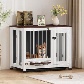 Dog Crate Furniture - 31.5" Wooden Dog Kennel with 360° Rotating Feeder | Multi-Functional Dog Cage End Table for Small & Medium Dogs | Portable Pet Cage with Removable Tray & Easy Assembly