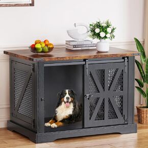 VOPEAK Farmhouse Large Dog Crate Furniture, Heavy Duty Dog Cage for Medium Large Dogs, XL Dog Crate Dog Kennel Indoor with Double Doors, Chew Resistant End Table for Bedroom Living Room, Black