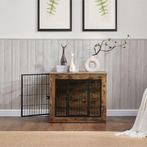 Dog Crate Furniture with Cushion, Wooden Dog Kennel Furniture, Heavy Duty Dog Cage, 27" Dog Kennel with Double Doors for Small/Medium Dogs, S (25.39" L x 17.91" W x 20.47" H)