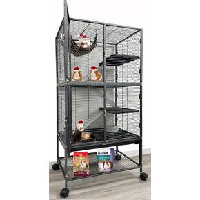 Large Two Full Story Deluxe Double Unit 4-Tiers Tight 1/2-Inch Bar Spacing Durable Front Doors Water Bottle Food Bowl for Feisty Ferret Squirrel Hammock Rat Gerbil Small Animal Critter Rolling Cage