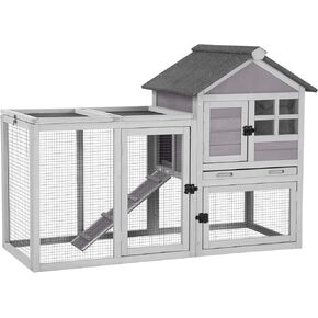 Aivituvin Rabbit Hutch Indoor Outdoor 51.6''L Chicken Coop Bunny Cage with Run,Guinea Pig House Pull Out Upper Tray (51.6" L x 25.2" W x 36.2" H, Grey-1 Set)