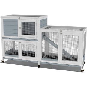 GDLF Two Floors 58" Wooden Indoor Bunny Hutch Rabbit Cage on Wheels Guinea Pig PET House for Small to Medium Animals Waterproof No Leak Tray
