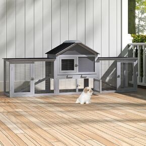 82.5" Large Wooden Rabbit Hutch Outdoor Easy to Assemble Rabbit Cage and Durable Bunny Hutch Indoor with Cleaning Tray & Waterproof Roof for Small and Medium Bunny Rabbit Chick (Grey)