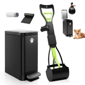 Dog Poop Trash Can Outside with Poop Scooper for Dogs, 12L/3.2Gal Metal Outdoor Garbage Can with Lid Suitable for Small, Medium and Large Dogs - Includes Outdoor Trash Can, Bag Caddy & 40 Waste Bags