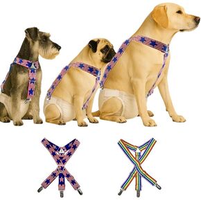 Dog Diaper Suspenders Female and Male 2 Pack (USA Flag Stars & Rainbow Stripes) Adjustable, Elastic Strap Clips for Dogs 10-203lbs Prevents Diaper Shifting and Falling Comfort