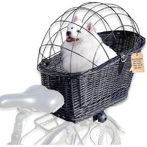 Natural Wicker Dog Bike Basket - 100% Organic Rattan Pet Carrier with Protective Grille - Eco Friendly Design - Soft Cotton Cushion & Mounting Bracket for Secure Bicycle Rear Luggage Rack