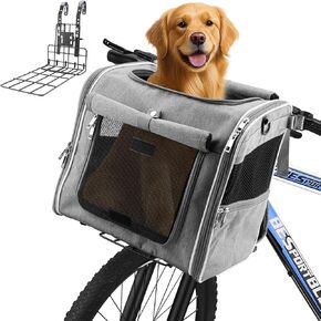 Dog Basket for Bike, Suitable for Small & Medium Pet Up to 12kg, Foldable 4-in-1 Pet Bike Basket, Crossbody, Shoulder and Car Seat, with Sturdy Bracket and 4 Mesh Windows, Gray