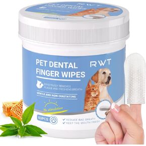 RWT Dog Dental Care Wipes, Cat & Dog Teeth Cleaning Wipes Reduces Plaque and Tartar, Freshens Breath, Disposable Finger Dental Wipes - 60 Count