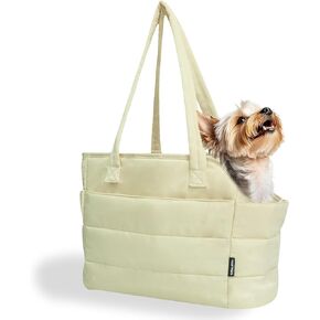 Lightweight Dog Purse Carrier for Small Dogs Under 15 lbs, Puffy Quilted Pet Carrier Tote for Puppies with Safety Leash Clip, Women's Hands-Free Dog Carrier Bag for Travel/Shopping (Black)