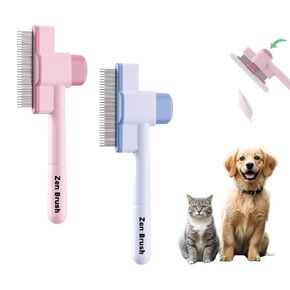 Zen Brush For Cats, 2pcs Pet Comb With Long & Short Stainless Steel Metal Teeth For Cat Dog Hair Flea Removal Self-Cleaning Puppy Grooming (Yellow Green)