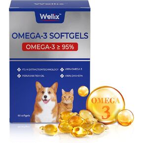 Pure Omega 3 Fish Oil for Dogs & Cats, Skin and Coat Supplement for Shedding, Promotes Heart, Skin, Coat, Joint, & Immune Health， Over 95% Omega 3, Rich in EPA + DHA, 60 Softgels