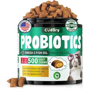 Cat Probiotics Soft Chews for Digestive & Gut Support - Crunchy & Creamy Texture - Cat Gut Health, Constipation Relief, Healthy Stool, Natural Supplement for Cats, Chicken Flavor - 500 Chews