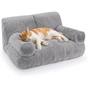 Gimars Upgrade Large Cat Bed for Indoor Cats -Added 10% More Stuff Sponge, Orthopedic Pet Couch Beds with Bolstered Edges, Fluffy Washable & Removable Cover, Anti Slip Base,Teak Milk Color