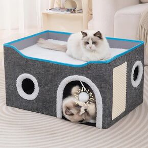 Cat Houses for Indoor Cats - Large Cat Bed Cave with Scratch Pad and Fluffy Ball, Foldable Cat Condo Hideaway with Reversible Cushion for Multi Small Pet, Dark Grey