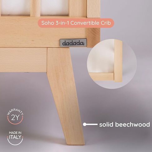 dadada Baby Soho 3-in-1 Convertible Wood Crib Bed, Made in Italy, White | Crib to Toddler Bed, GREENGUARD Gold Certified, Baby-Safe Finish, Sustainable Beechwood, Modern Design, 3 Adjustable Heights in Saudi Arabia