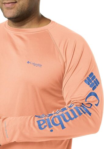 Columbia Men's Standard Terminal Tackle Long Sleeve Shirt, Sunset Red Heather/Collegiate Navy Logo, X-Large in Saudi Arabia
