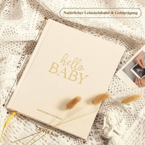 كتاب ذكريات Lanpn Hello Baby First 5 سنوات للصبيان والبنات - غلاف فني من الكتان تذكار كتاب الأطفال للآباء الجدد - ألبوم صور سجل القصاصات لحديثي الولادة (أخضر حكيم، 154 صفحة) in Saudi Arabia