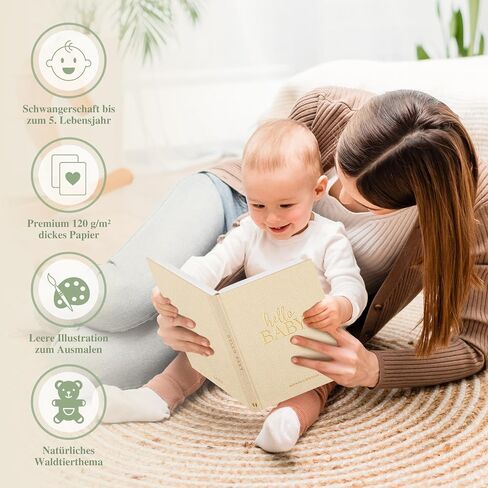 كتاب ذكريات Lanpn Hello Baby First 5 سنوات للصبيان والبنات - غلاف فني من الكتان تذكار كتاب الأطفال للآباء الجدد - ألبوم صور سجل القصاصات لحديثي الولادة (أخضر حكيم، 154 صفحة) in Saudi Arabia