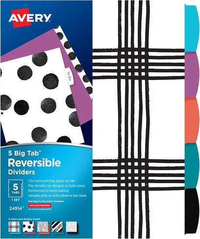Avery Big Tab Reversible Fashion Dividers for 3 Ring Binders, 5 Tab Set, Retro Pattern, 1 Set (24938) in Saudi Arabia