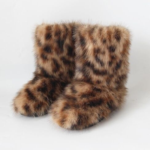 QMFUR المرأة فروي فو فراء الأحذية غامض رقيق منتصف العجل الثلوج الأحذية من جلد الغزال الدافئة الفراء اصطف الجوارب شقة أحذية الموضة in Kuwait