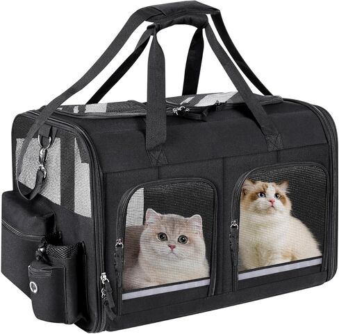 Cat Carrier for 2 Cats, Foldable Double Cat and Dog Carrier, Small to Medium Size, 2 Front Zippered Compartments,Two Pets Carrier for Travel,Mulitple Cat Carrier (Dark Gray with Flat Pocket) in Kuwait