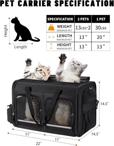 Cat Carrier for 2 Cats, Foldable Double Cat and Dog Carrier, Small to Medium Size, 2 Front Zippered Compartments,Two Pets Carrier for Travel,Mulitple Cat Carrier (Dark Gray with Flat Pocket) in Kuwait