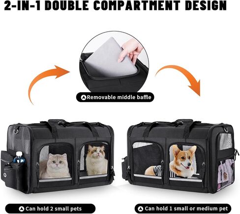 Cat Carrier for 2 Cats, Foldable Double Cat and Dog Carrier, Small to Medium Size, 2 Front Zippered Compartments,Two Pets Carrier for Travel,Mulitple Cat Carrier (Dark Gray with Flat Pocket) in Kuwait