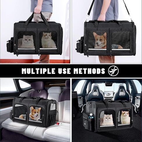 Cat Carrier for 2 Cats, Foldable Double Cat and Dog Carrier, Small to Medium Size, 2 Front Zippered Compartments,Two Pets Carrier for Travel,Mulitple Cat Carrier (Dark Gray with Flat Pocket) in Kuwait