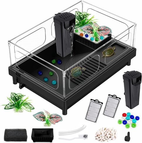 Small Turtle Tank Kit(Tank+Lamp+Filter), Acrylic Turtle Starter Kit with Adjustable Lamp, Reptile Habitat and Terrarium with Multi-Functional Areas for Small Reptiles. (Black Kit) in Saudi Arabia
