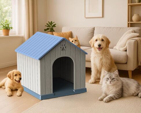 Drato Indoor Indoor Outdoor House Cog House ، PP Material ، Shelter Puppy Shelter مع فتحات الهواء والأرضية المرتفعة ، بيت الكلب القوي للكلاب الصغيرة إلى الكبيرة الحجم ، سهل التجميع (الأزرق ، 38.62 × 36.26 × 38.07 بوصة) in Kuwait