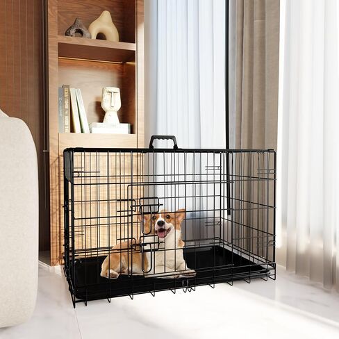 Dog Crate, 30 Inch Medium Dog Cage with Divider and Plastic Leak-Proof Pan Tray, Double Door Folding Metal Wire Cage for Indoor, Outdoor and Travel (30 Inch) in Saudi Arabia