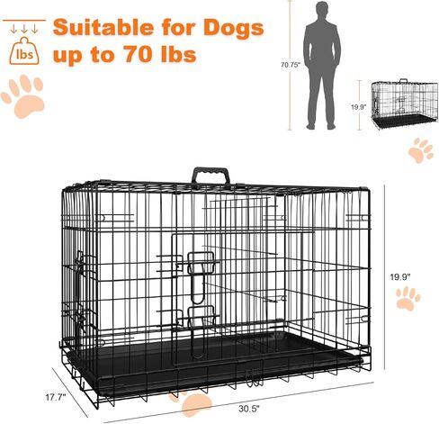 Dog Crate, 30 Inch Medium Dog Cage with Divider and Plastic Leak-Proof Pan Tray, Double Door Folding Metal Wire Cage for Indoor, Outdoor and Travel (30 Inch) in Saudi Arabia