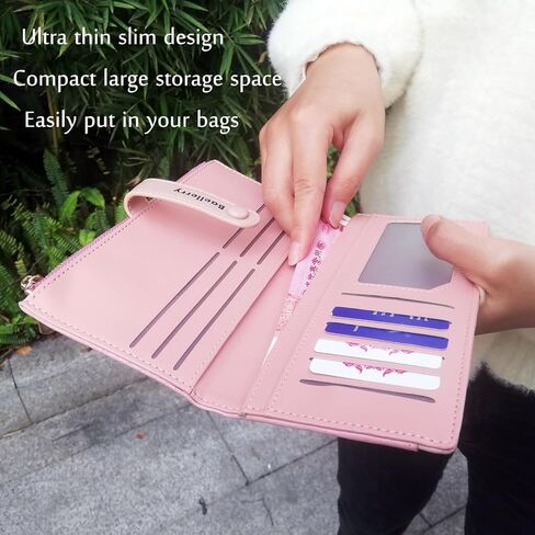 محفظة رفيعة رفيعة للنساء بمقبض طويل ومحفظة ثنائية الطي، حامل بطاقة الائتمان مع جيب بسحاب للسيدات والفتيات هدية الذكرى السنوية لعيد الميلاد (بني) in Kuwait