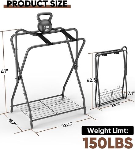 Queension Foldable Saddle Rack for Horse Stable Equipment, Portable Horse Saddle Stand with Bottom Storage for English & Western Saddles, Saddle Pad Rack for Horse tack, Horses Blanket, Black in Saudi Arabia