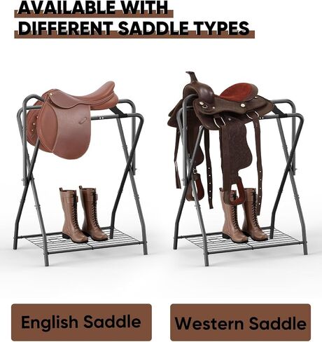 Queension Foldable Saddle Rack for Horse Stable Equipment, Portable Horse Saddle Stand with Bottom Storage for English & Western Saddles, Saddle Pad Rack for Horse tack, Horses Blanket, Black in Saudi Arabia