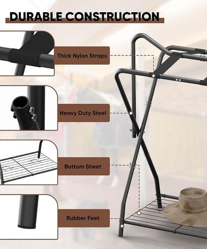 Queension Foldable Saddle Rack for Horse Stable Equipment, Portable Horse Saddle Stand with Bottom Storage for English & Western Saddles, Saddle Pad Rack for Horse tack, Horses Blanket, Black in Saudi Arabia